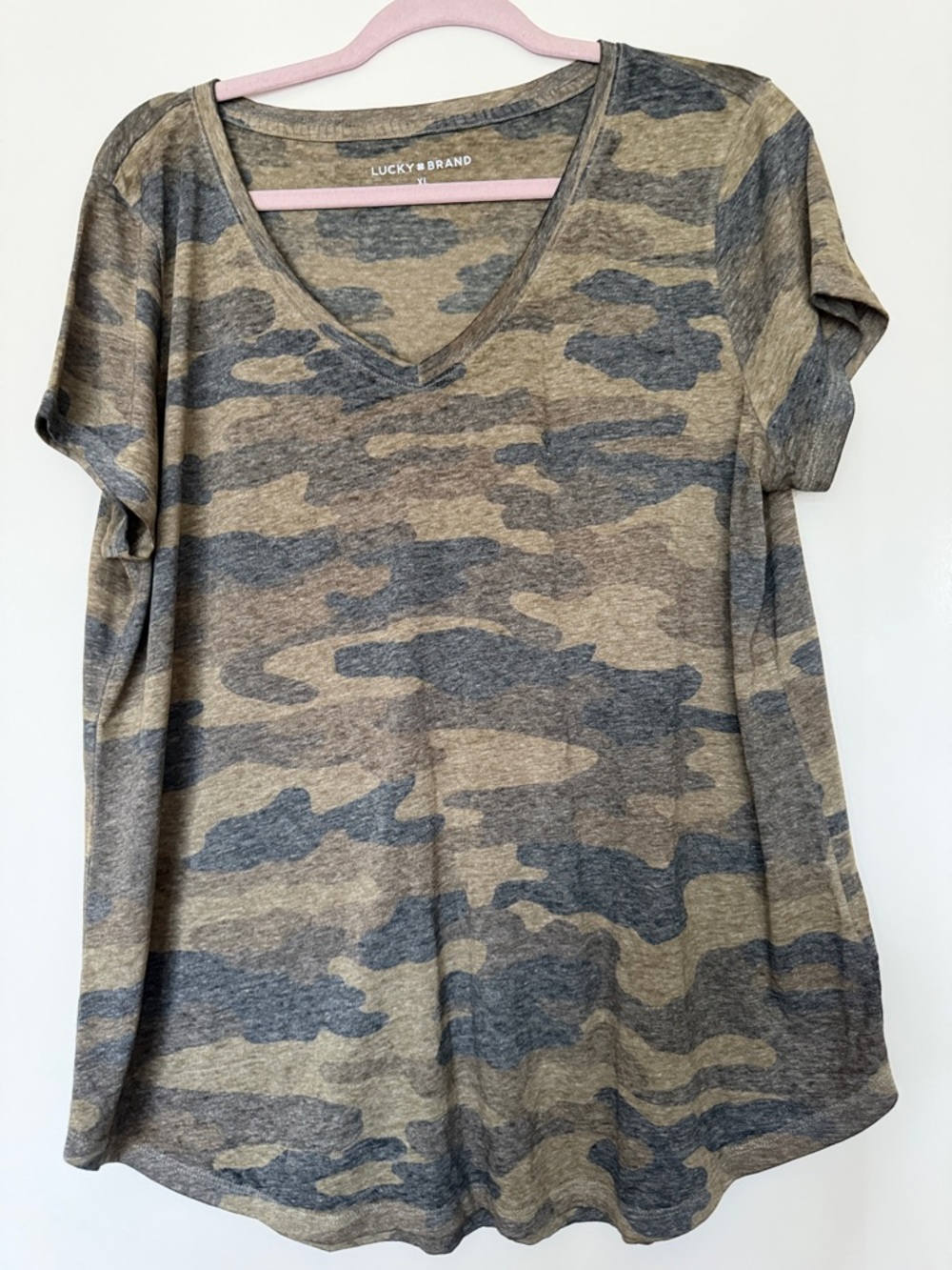 Lucky Brand Olive and Gray Camouflage V-Neck Tee